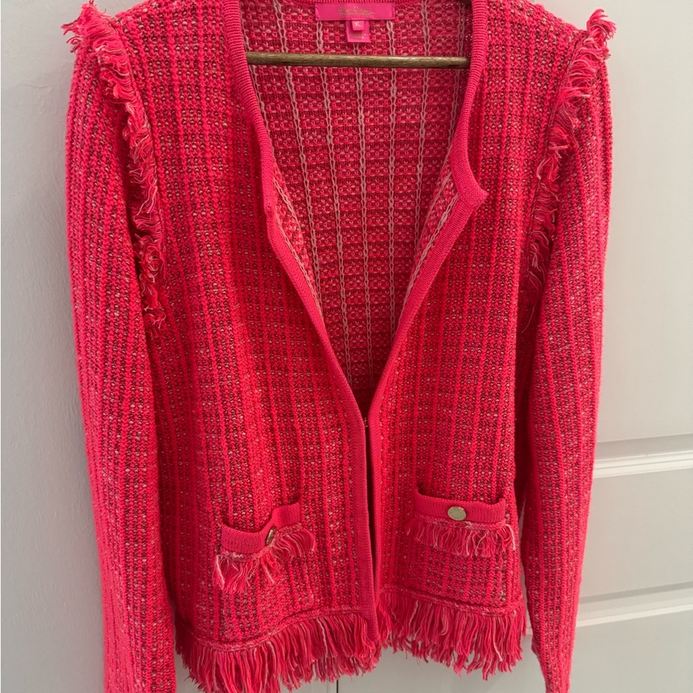 Lilly Pulitzer Simora Fringe Cardigan/ Jacket Spicy Coral Exotic Tweed Size L